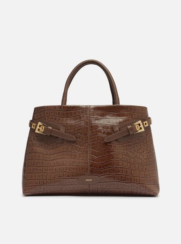 Bolsa Tote Marrom Couro Croco Grande Fivelas