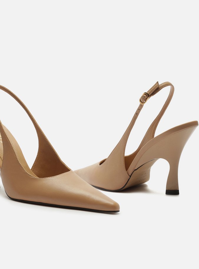 Scarpin Bege Nut Couro Salto Alto Slingback