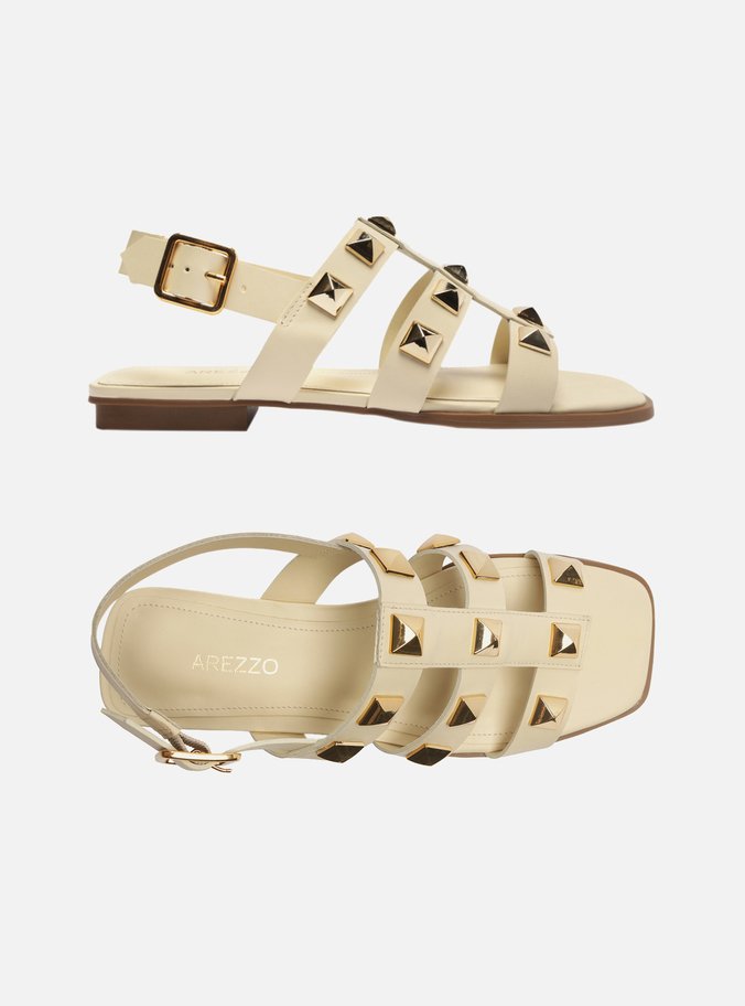 Sandália Rasteira Off-White Couro Tiras Studs