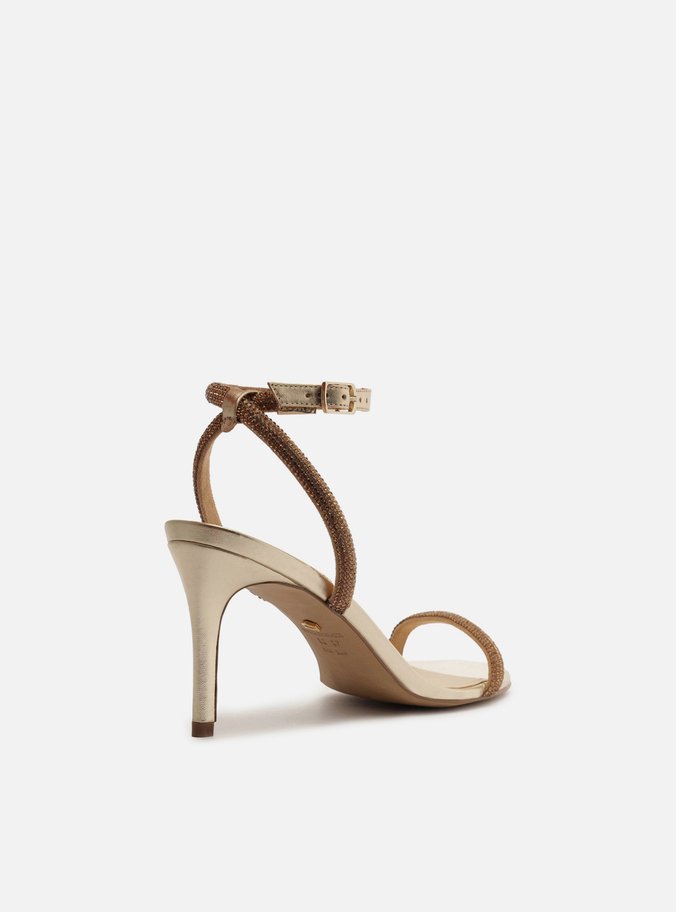 Sandália Dourada Strass Salto Fino Minimal
