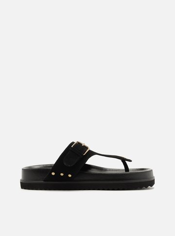 Arezzo — Sandália Papete Preta Suede Tira Fivela