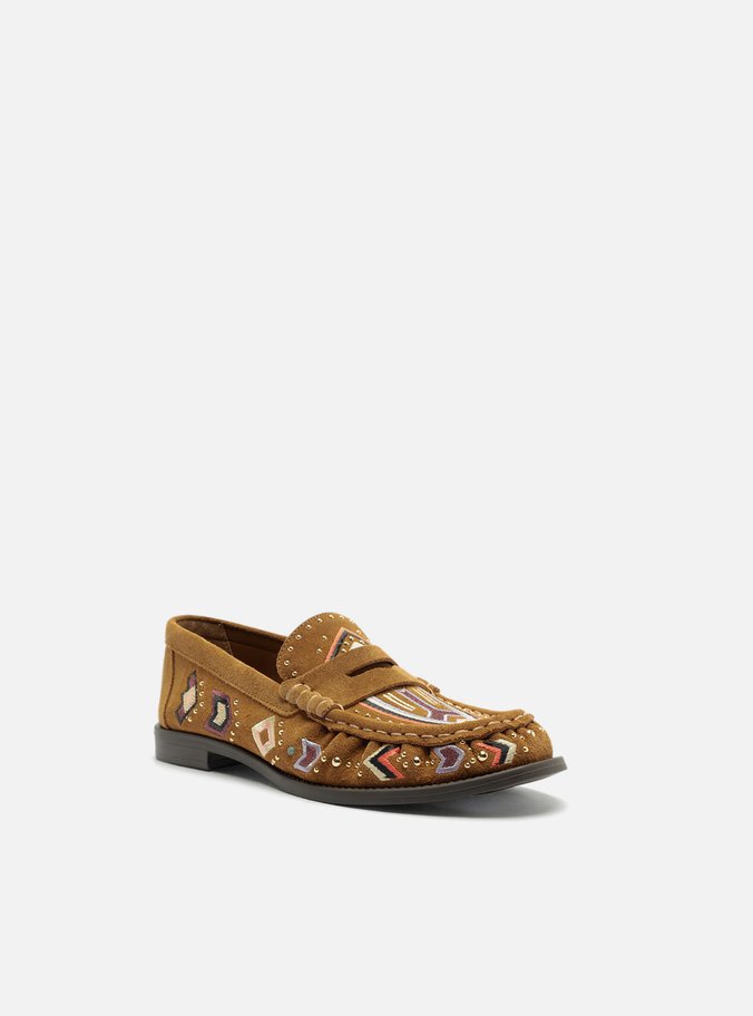 Mocassim Marrom Suede Bridão Metálico Bordado