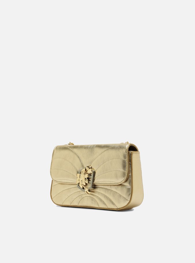 Bolsa Tiracolo Dourada Couro Pequena Metal Flor