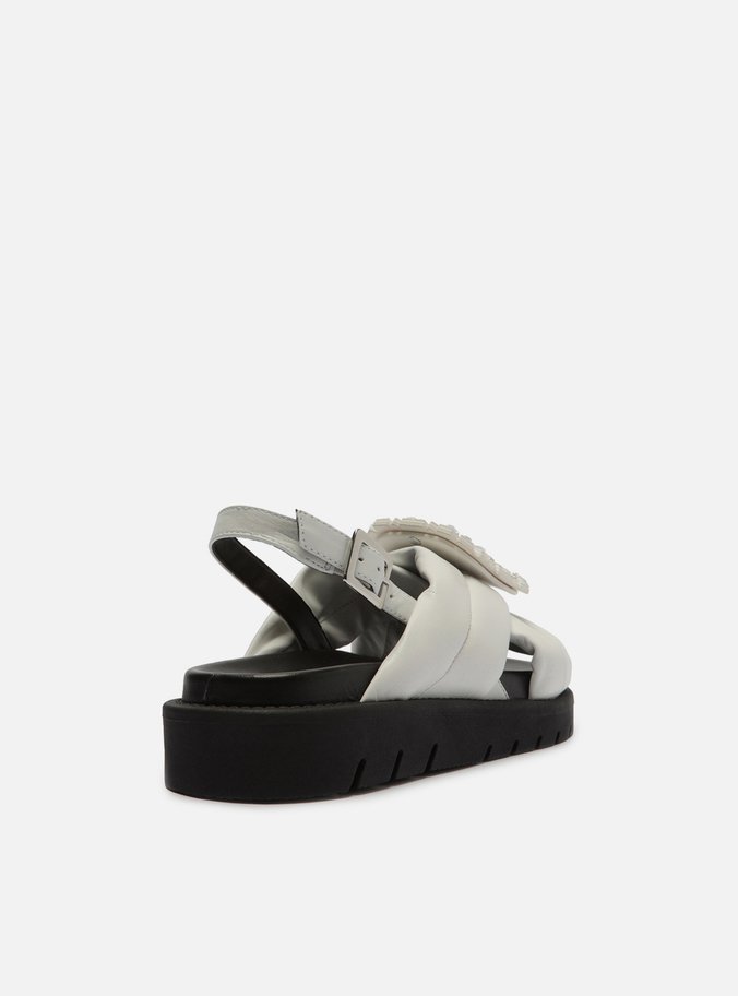 Sandália Papete Branca Couro Flatform Pedraria