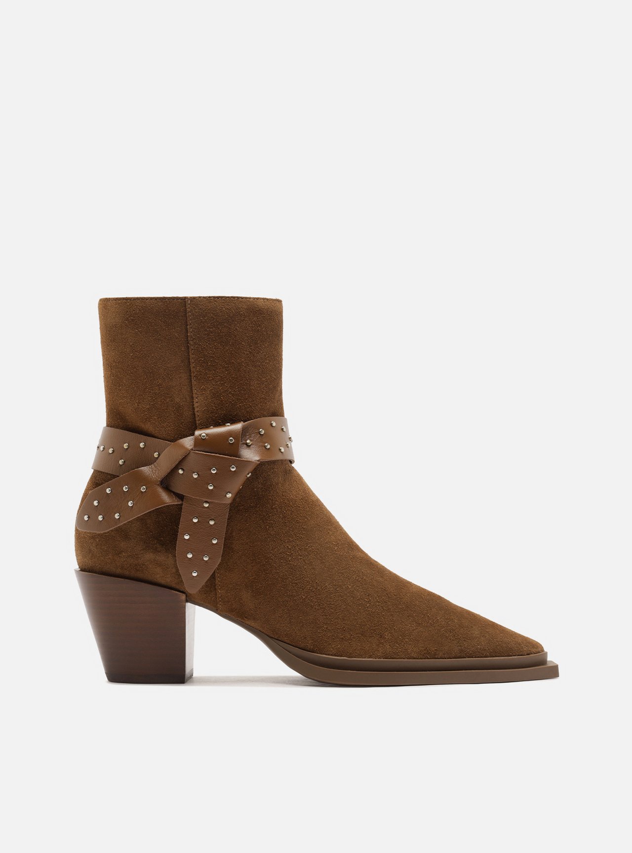 Bota Marrom Suede Salto Bloco Laço Rebites — foto 1