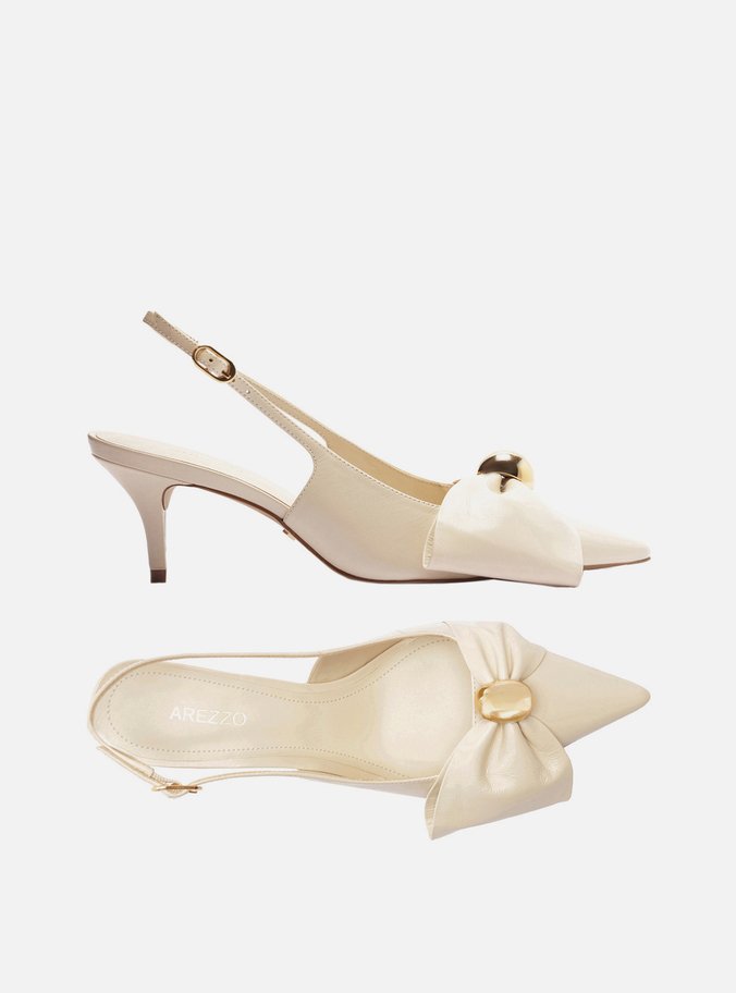 Scarpin Branco Couro Slingback Laço Metal