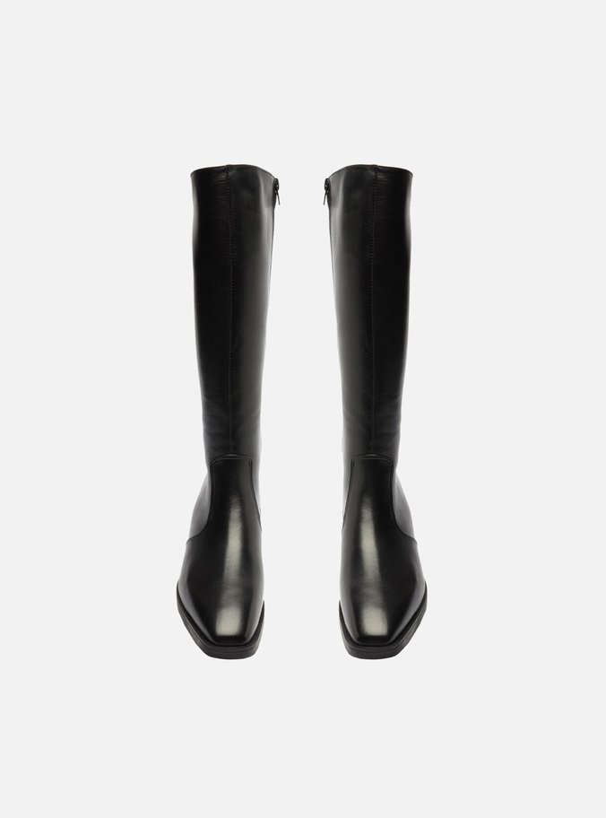 Bota Preta Couro Cano Longo Zíper Montaria