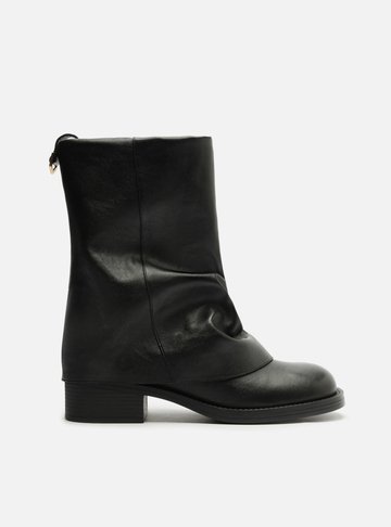 Bota Preta Couro Cano Curto Bloco Polaina