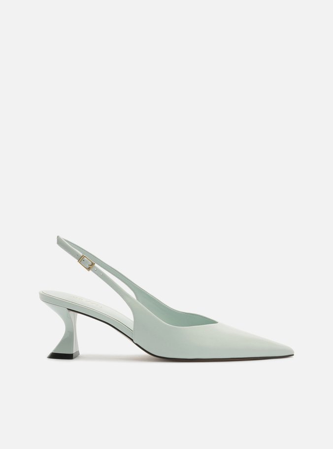 Scarpin Azul Couro Salto Geométrico Slingback