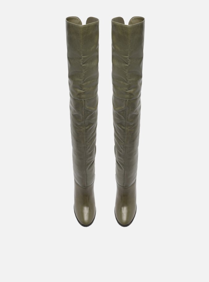 Bota Over The Knee Verde Couro Salto Fino