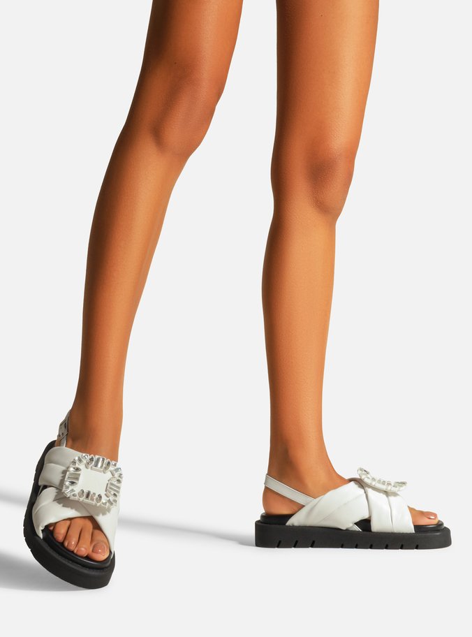 Sandália Papete Branca Couro Flatform Pedraria