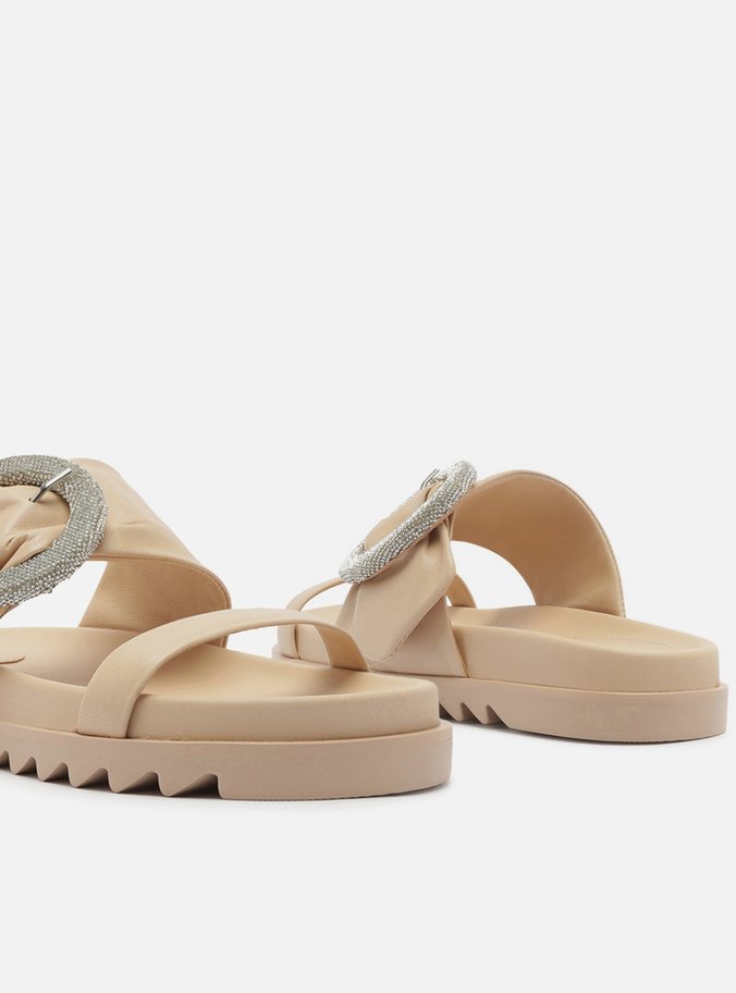 Sandália Nude Couro Flatform Fivela Cristais