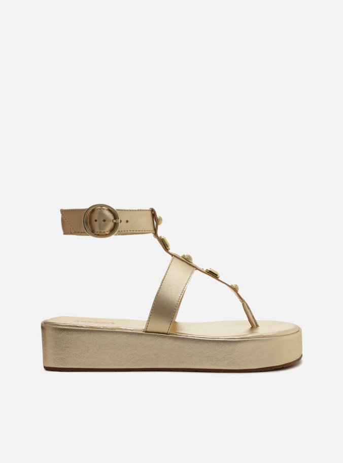 Sandália Dourada Flatform Tiras Aplicações