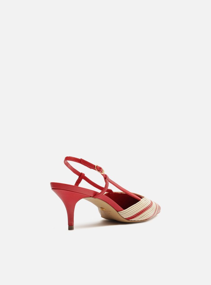 Scarpin Vermelho Couro Salto Baixo Slingback Bicolor