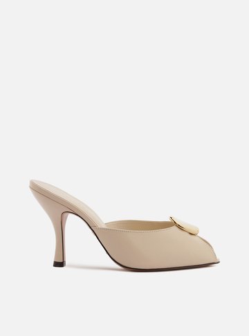 Mule Peep Toe Branca Couro Salto Alto Metal