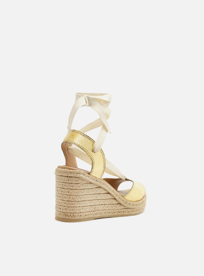Espadrille Dourada Couro Plataforma Amarração
