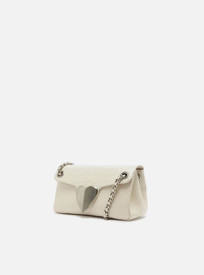 Bolsa Tiracolo Branca Couro Pequena Coração Metal