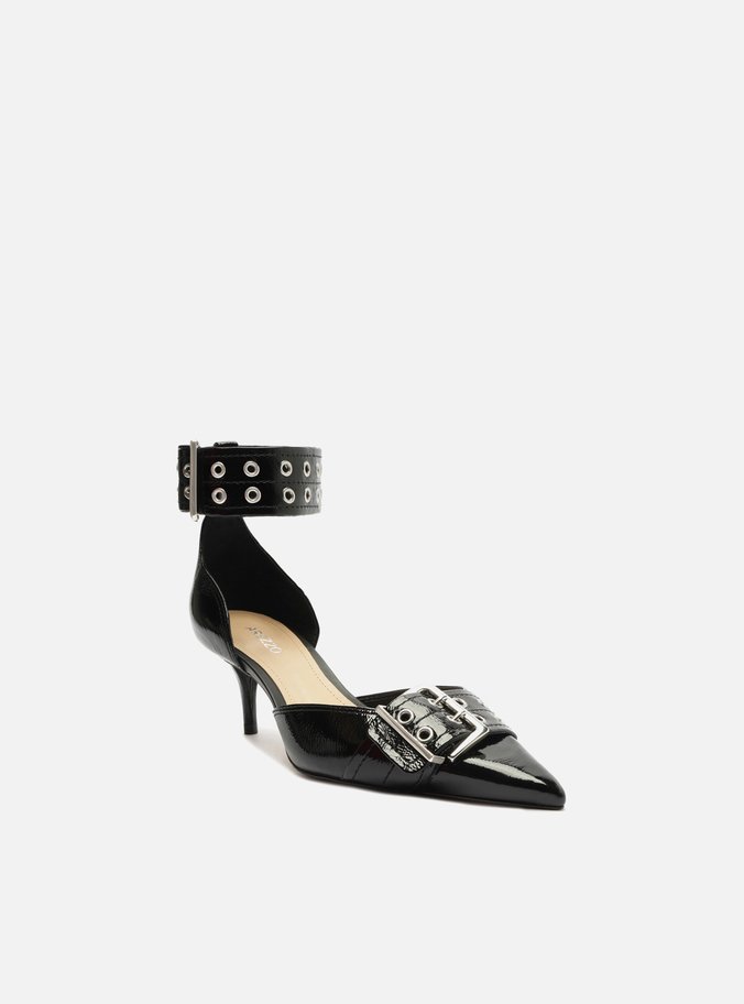 Scarpin Preto Verniz Ankle Strap Fivelas