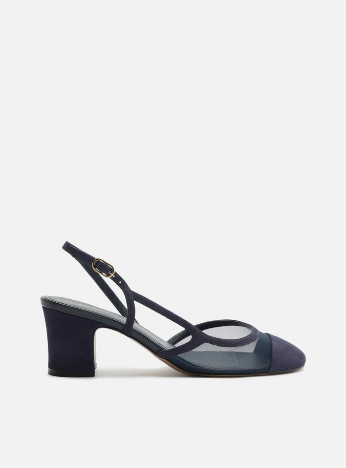 Scarpin Azul Salto Bloco Slingback Tela