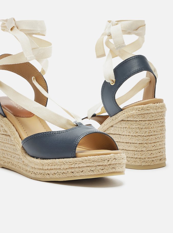 Espadrille Azul Couro Plataforma Amarração