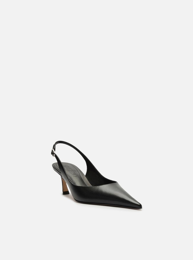 Scarpin Preto Couro Salto Baixo Slingback Esther