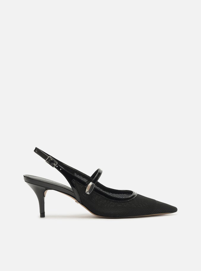 Scarpin Preto Tela Salto Baixo Slingback Tira