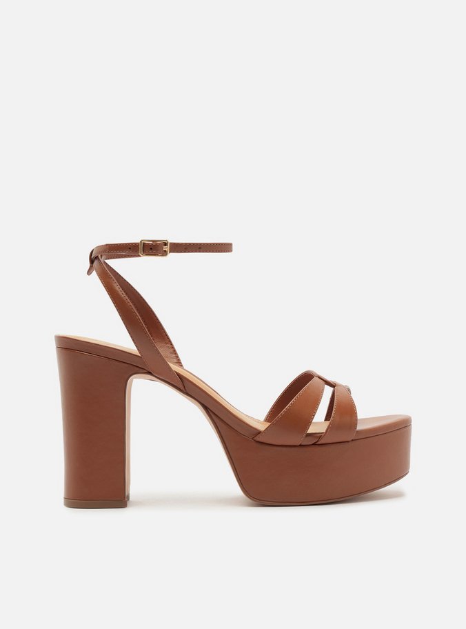 Sandália Marrom Salto Alto Meia Pata Tiras Enlace