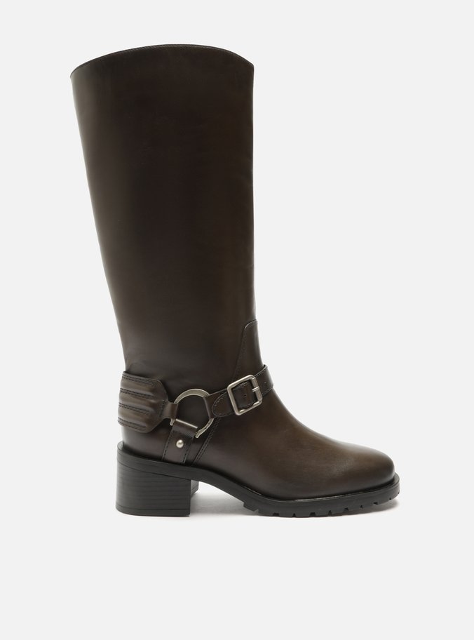 Bota Marrom Couro Cano Longo Tratorada Fivelas