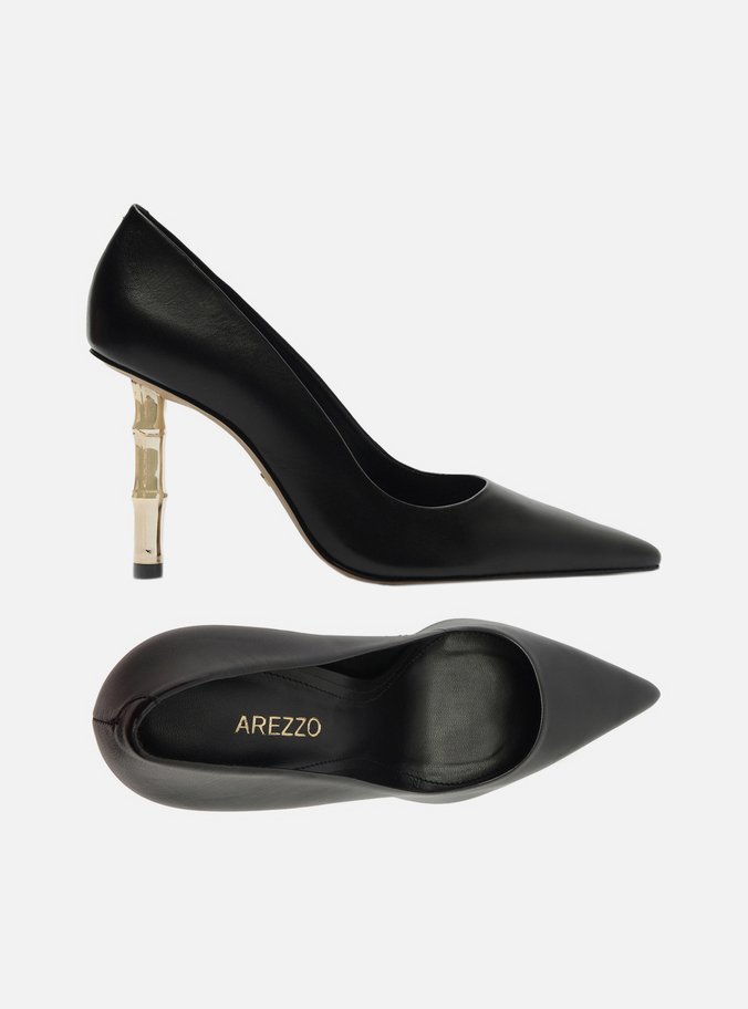 Scarpin Preto Couro Salto Bamboo Metal