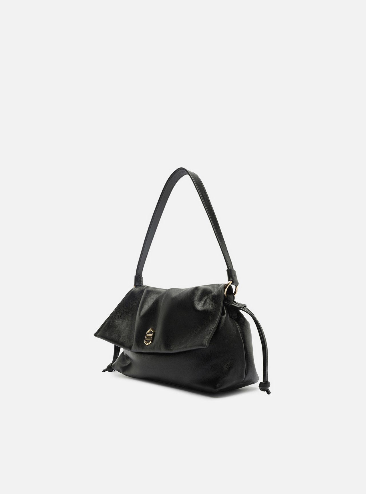 Bolsa Tiracolo Preta Couro Média Franzida — foto 2