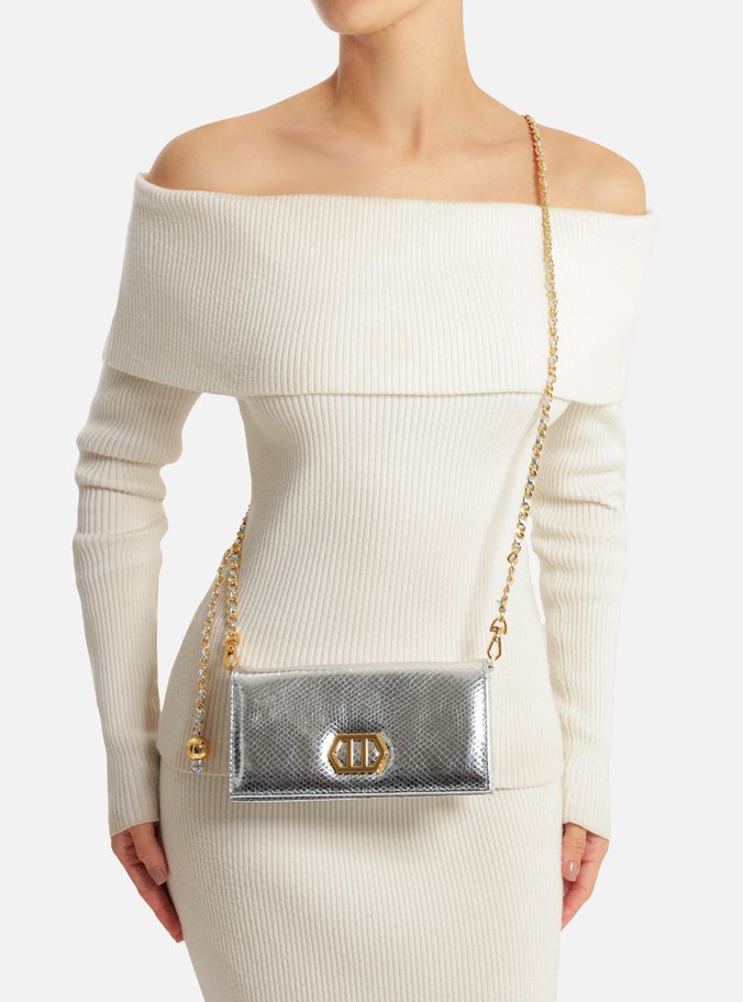 Clutch Prata Couro Snake Pequena Metal