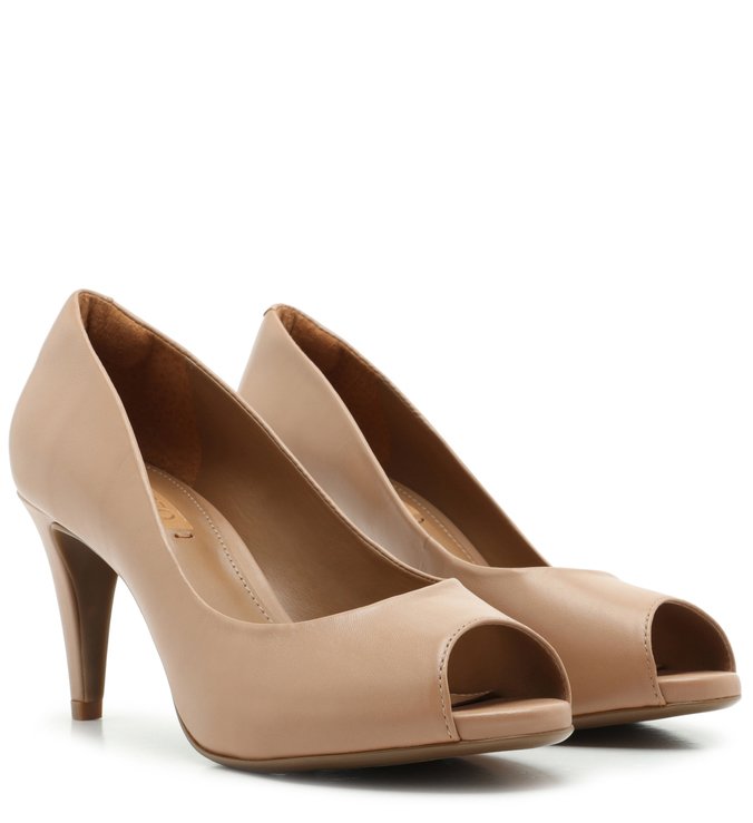 Scarpin Bege Couro Peep Toe  Salto Médio