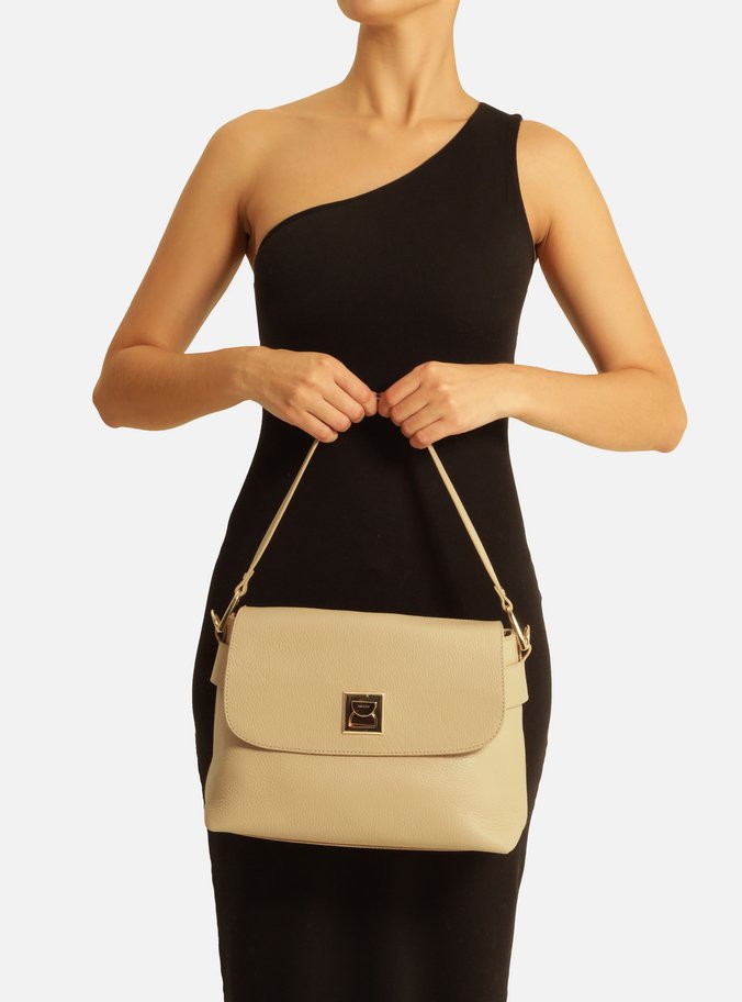 Bolsa Satchel Bege Couro Média Metal