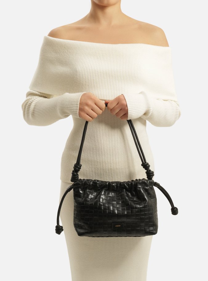 Bolsa Bucket Preta Couro Tressê Média
