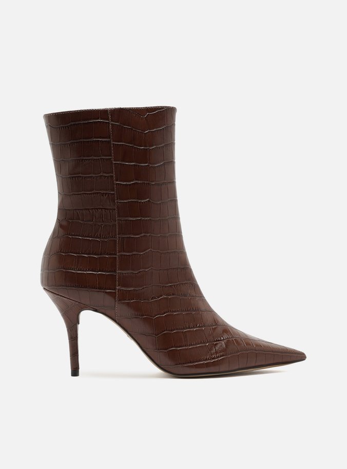 Bota Marrom Croco Cano Médio Salto Fino