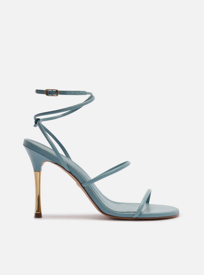 Sandália Azul Couro Salto Alto Tiras Finas