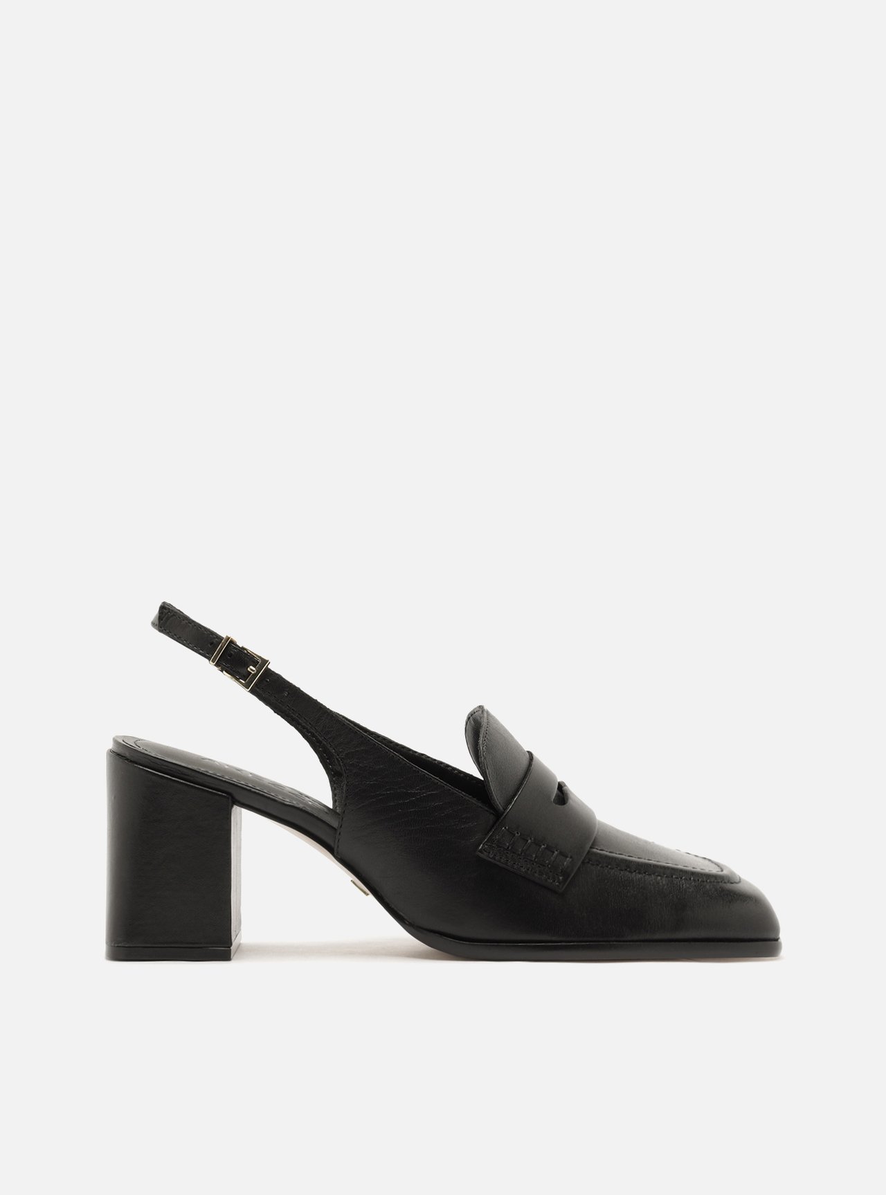 Mocassim Preto Couro Salto Bloco Slingback — foto 1
