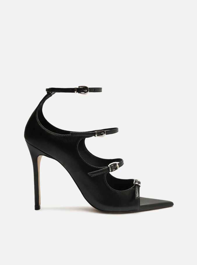 Sandália Preta Couro Salto Fino Fivelas