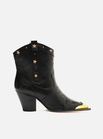 Bota Preta Couro Cano Curto Ponteira Western
