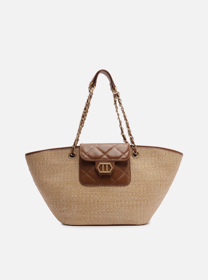 Bolsa Shopping Marrom Couro Grande Ráfia