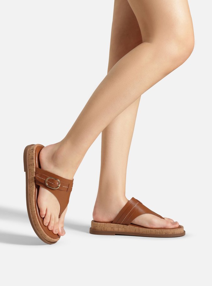 Sandália Rasteira Marrom Couro Flatform Cortiça