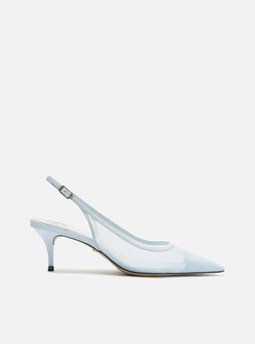 Scarpin Azul Tela Salto Kitten Slingback