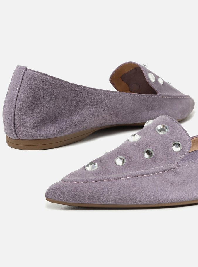 Mocassim Roxo Couro Salto Rasteiro Strass
