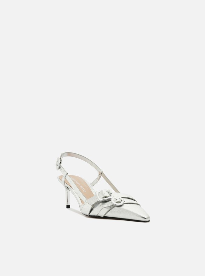 Scarpin Prata Couro Salto Baixo Slingback