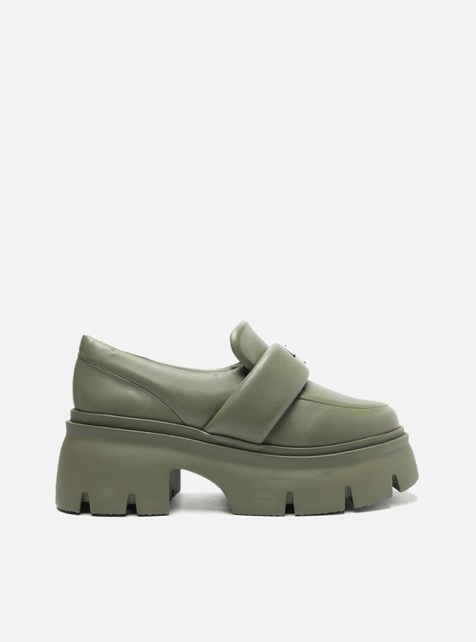 Mocassim Verde Couro Bico Redondo Puffer