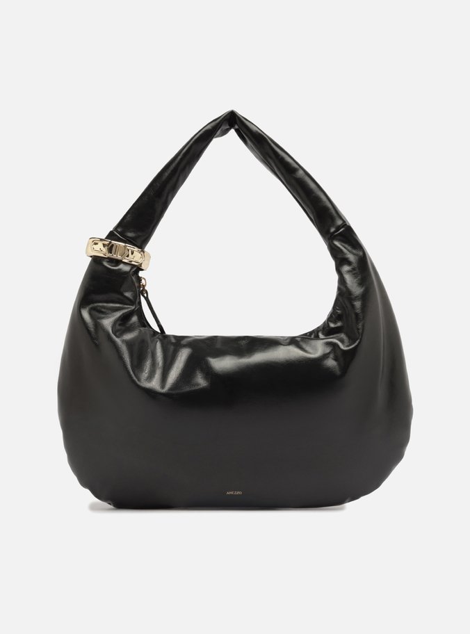 Bolsa Hobo Preta Couro Grande Metais
