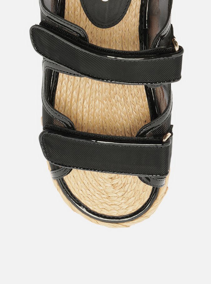 Sandália Papete Preta Tela Flatform Velcro