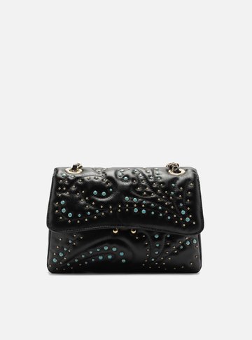 Bolsa Tiracolo Preta Couro Mizz Média Tachas Azuis