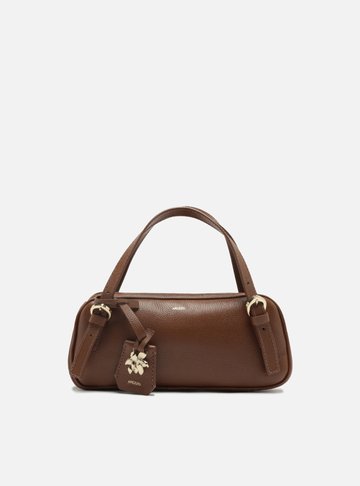 Bolsa Bowling Marrom Couro Média Metal Flor