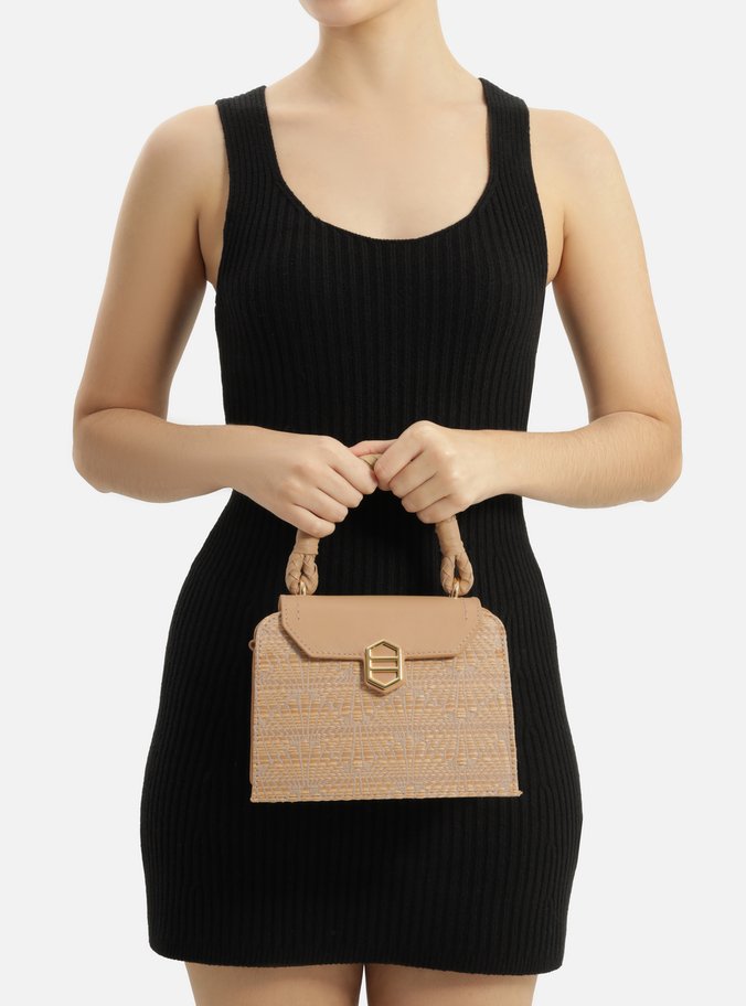 Bolsa Tiracolo Bege Tramado Couro Pequena Metal